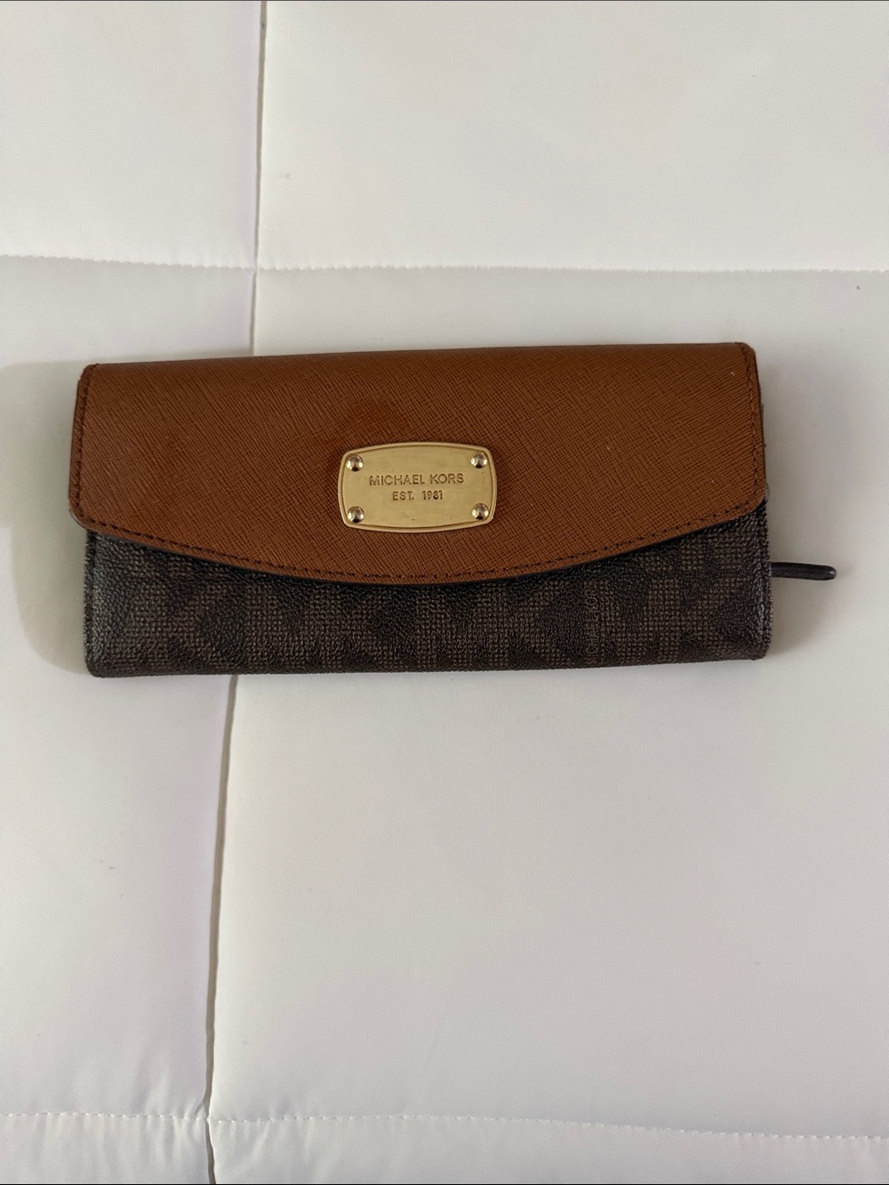 Michael Kors Brown and Tan Continental Wallet with Gold Plaque